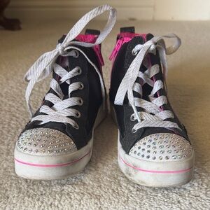 Sketchers Girls Black and Pink High-Top Sneakers with Rhinestone Toe